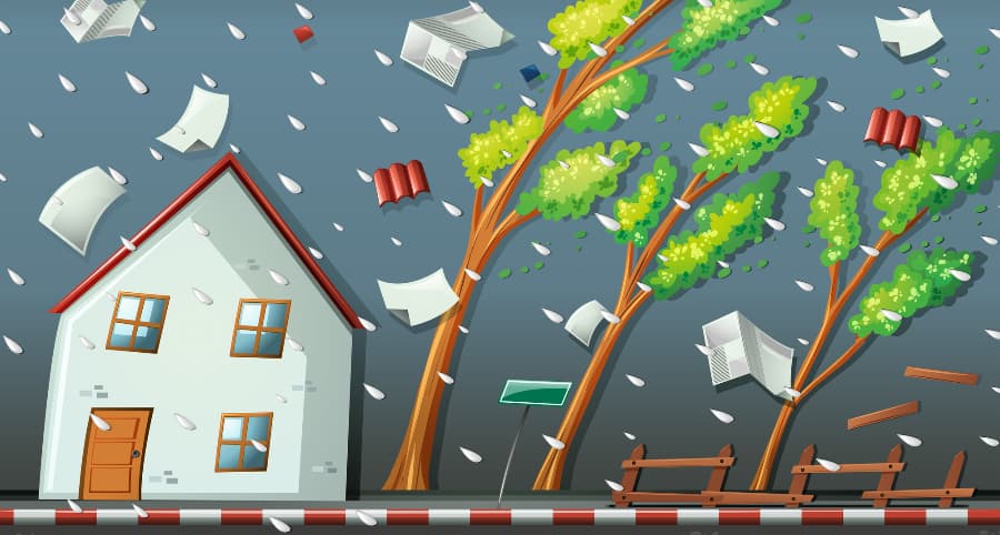 Graphic of a storm impacting a residence and the surrounding environs