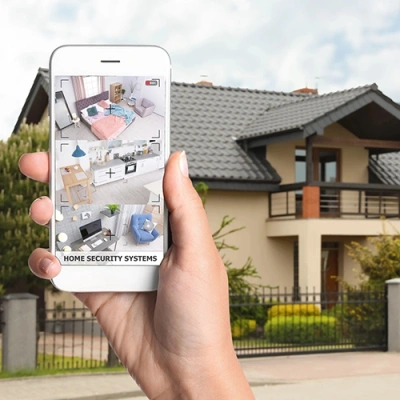Newark vivint phone display of cctv live feed in front of a house